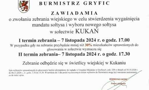Zdjęcie do Zawiadomienie o zwołaniu zebrania wiejskiego w celu wyboru sołtysa w sołectwie Kukań