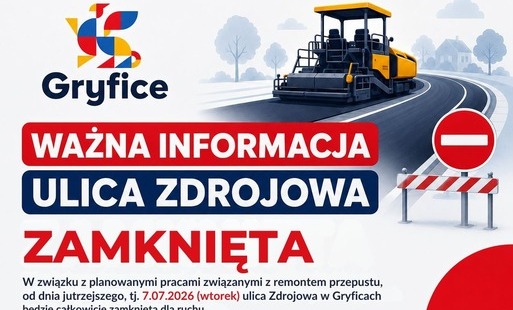 Zdjęcie do Czasowe zamknięcie ul. Zdrojowej w Gryficach