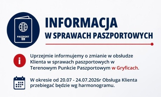 Zdjęcie do Zmiana godzin pracy Terenowego Punktu Paszportowego w Gryficach