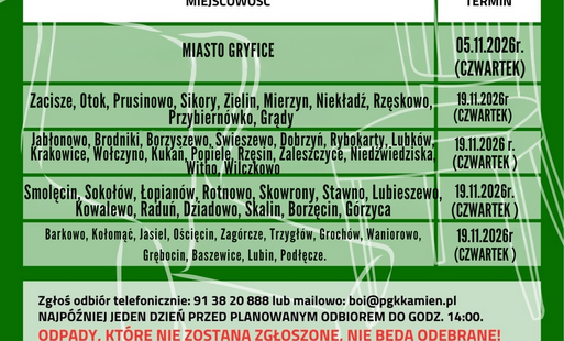 Zdjęcie do Harmonogram zbi&oacute;rki odpad&oacute;w wielkogabarytowych na terenie Gminy Gryfice